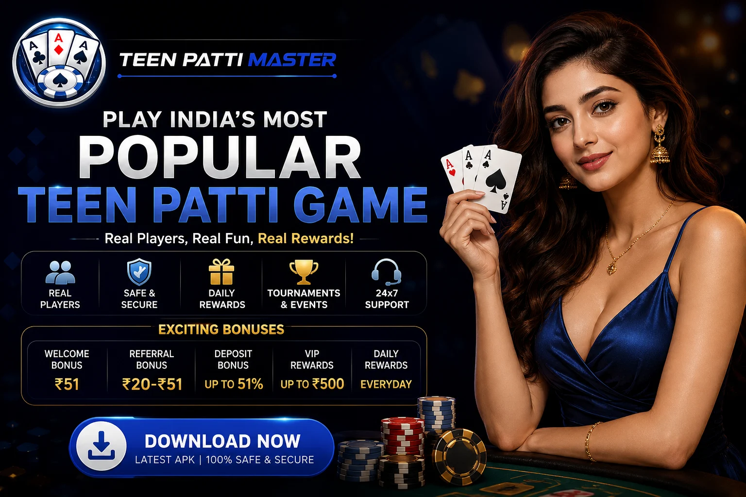 Teen Patti Master homepage banner featuring the official logo, three playing cards, casino chips, and a player promoting the online Teen Patti card game.